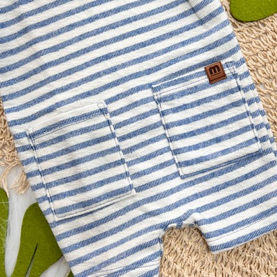 Macacão Curto Listrado com Bolsos - Azul e Areia